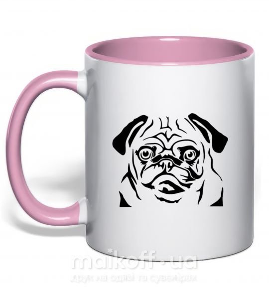 Чашка с цветной ручкой Морда мопса Нежно розовый фото