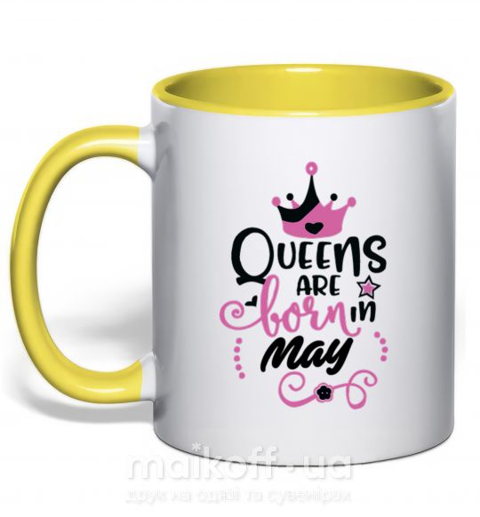Чашка з кольоровою ручкою Queens are born in May Сонячно жовтий фото