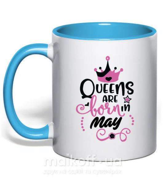 Чашка з кольоровою ручкою Queens are born in May Блакитний фото