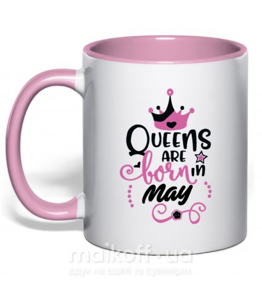 Чашка з кольоровою ручкою Queens are born in May Ніжно рожевий фото