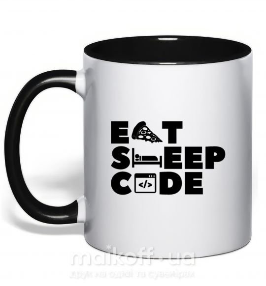 Чашка з кольоровою ручкою Eat sleep code Чорний фото
