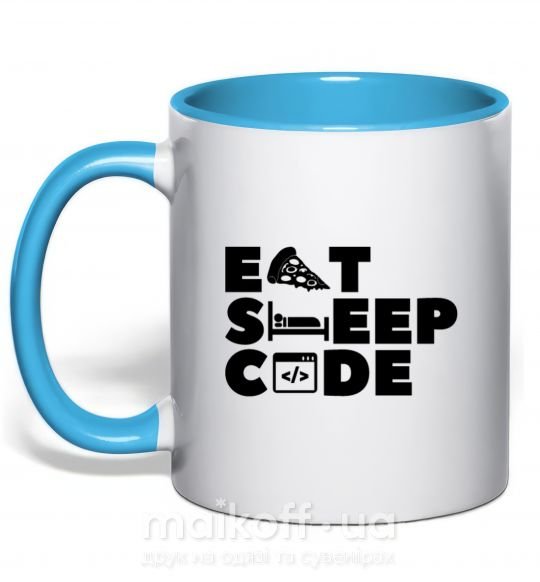 Чашка з кольоровою ручкою Eat sleep code Блакитний фото