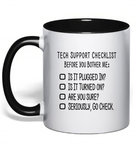 Чашка з кольоровою ручкою Tech support checklist Чорний фото