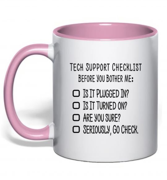 Чашка с цветной ручкой Tech support checklist Нежно розовый фото