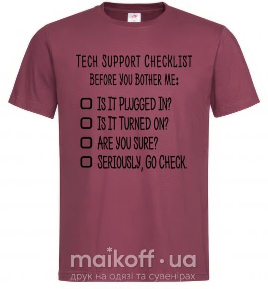Чоловіча футболка Tech support checklist Бордовий фото