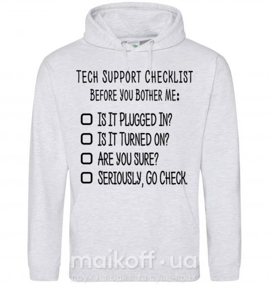 Мужская толстовка (худи) Tech support checklist Серый меланж фото
