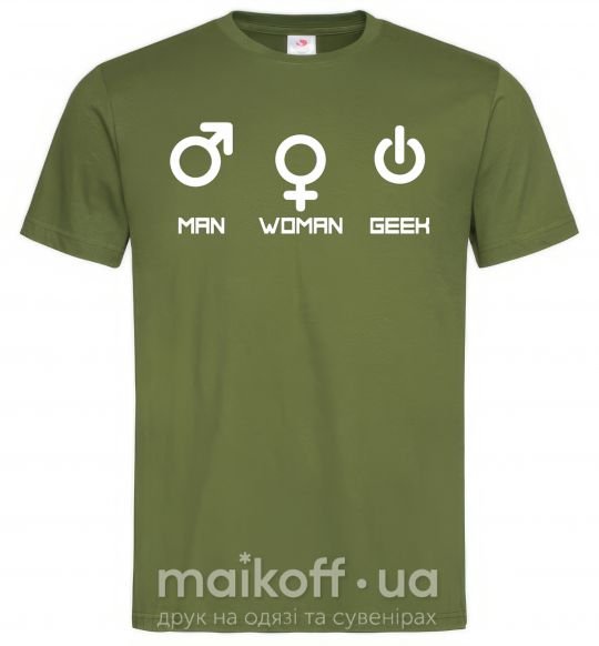 Мужская футболка Man woman geek Оливковый фото
