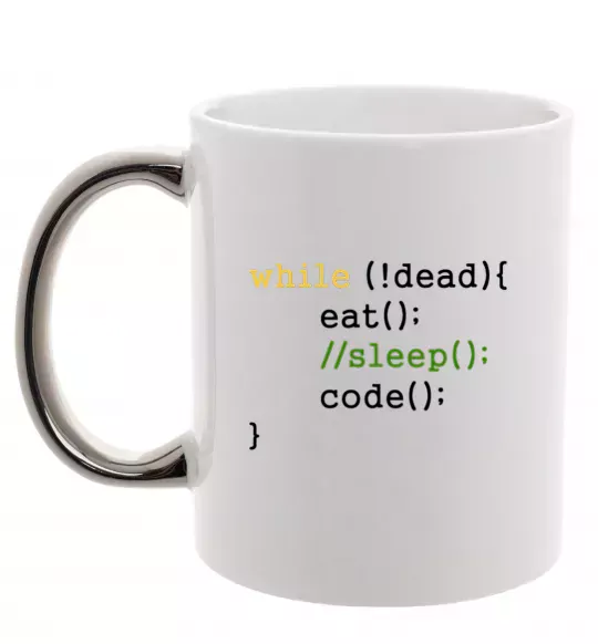 Чашка з кольоровою ручкою While dead eat sleep code Срібло фото