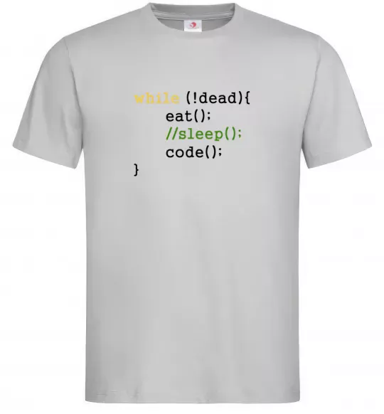 Мужская футболка While dead eat sleep code Серый фото