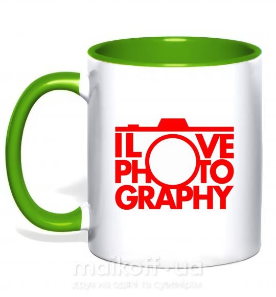 Чашка з кольоровою ручкою I love photography Зелений фото