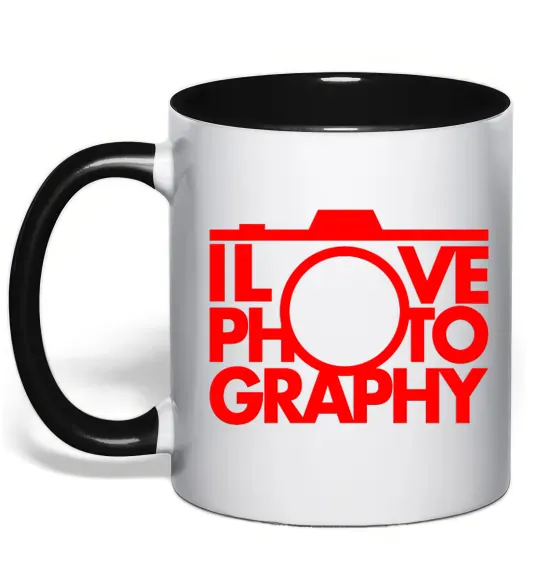 Чашка з кольоровою ручкою I love photography Чорний фото