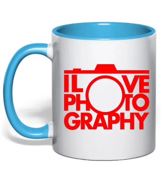 Чашка з кольоровою ручкою I love photography Блакитний фото