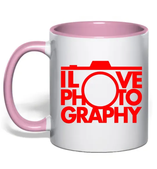 Чашка з кольоровою ручкою I love photography Ніжно рожевий фото