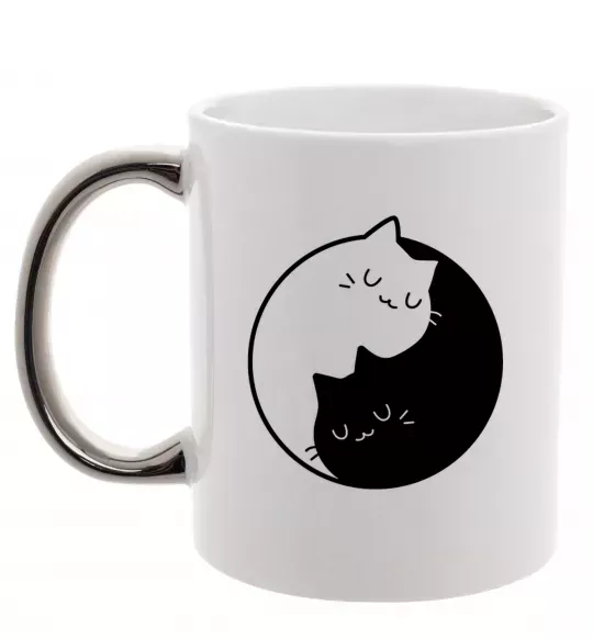 Чашка з кольоровою ручкою Cat black and white Срібло фото