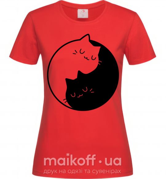 Женская футболка Cat black and white Красный фото