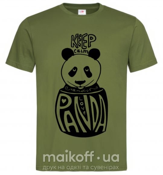 Мужская футболка Keep calm and love panda Оливковый фото