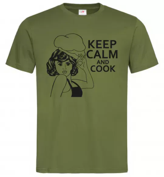 Мужская футболка Keep calm and cook Оливковый фото
