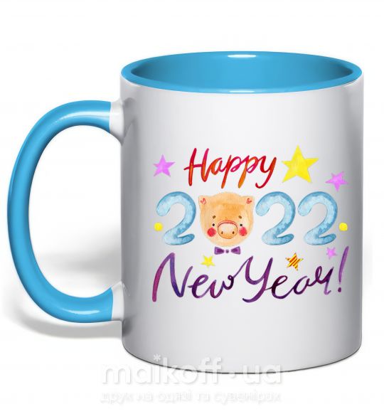 Чашка с цветной ручкой Happy 2019 new year pig Голубой фото