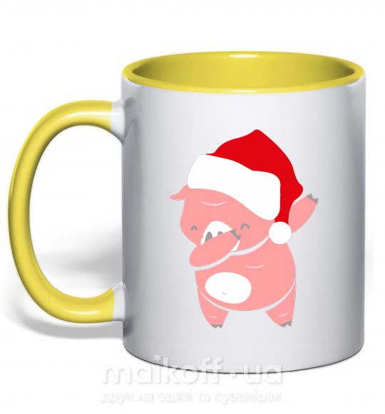 Чашка з кольоровою ручкою Dabbing christmas pig Сонячно жовтий фото