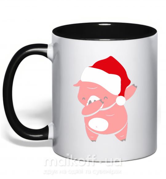 Чашка з кольоровою ручкою Dabbing christmas pig Чорний фото