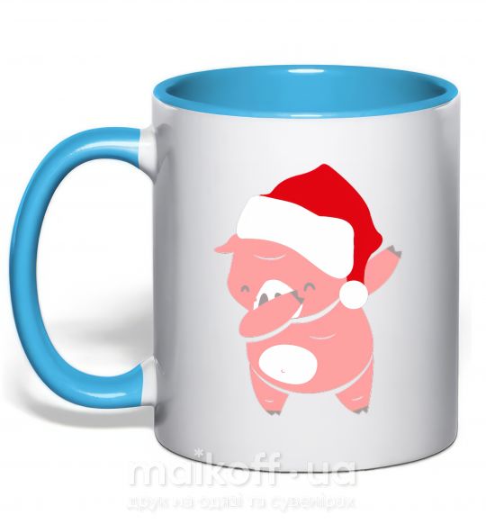 Чашка з кольоровою ручкою Dabbing christmas pig Блакитний фото