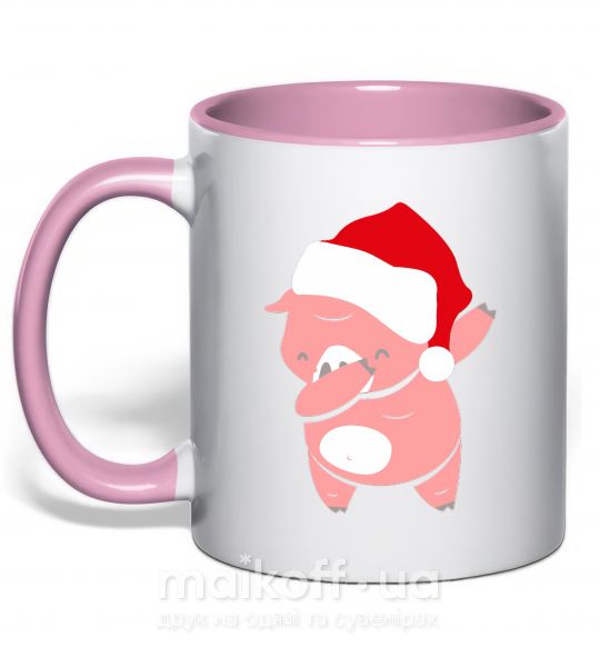 Чашка з кольоровою ручкою Dabbing christmas pig Ніжно рожевий фото