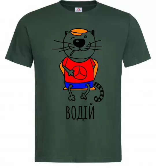 Мужская футболка Кот водій Темно-зеленый фото
