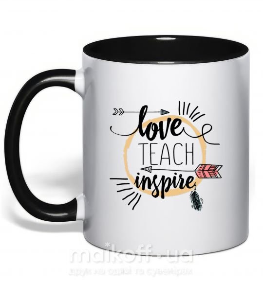 Чашка з кольоровою ручкою Love teach inspire Чорний фото