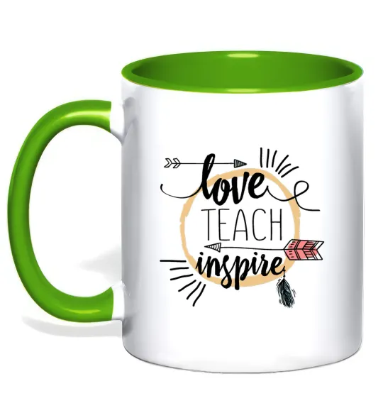 Чашка з кольоровою ручкою Love teach inspire Лаймовий фото