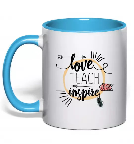 Чашка с цветной ручкой Love teach inspire Голубой фото