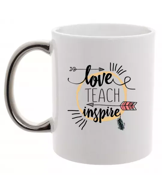 Чашка с цветной ручкой Love teach inspire Серебро фото