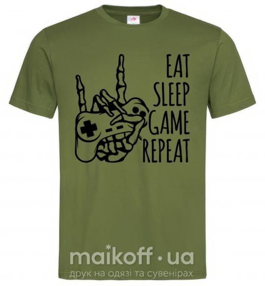 Мужская футболка Eat sleep game repeat hand Оливковый фото
