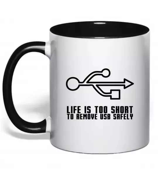 Чашка з кольоровою ручкою Life is too short to remove usb safely Чорний фото