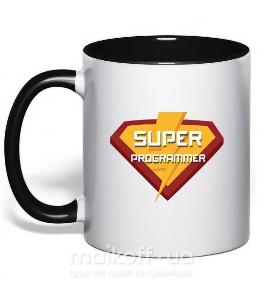 Чашка з кольоровою ручкою Super programmer logo Чорний фото