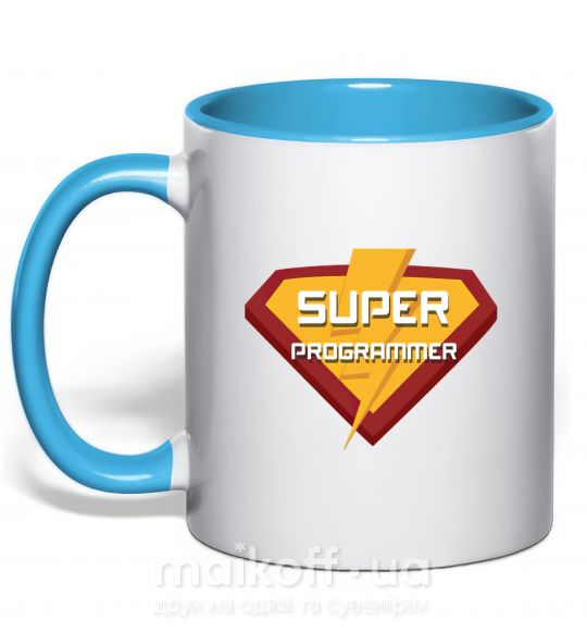 Чашка з кольоровою ручкою Super programmer logo Блакитний фото