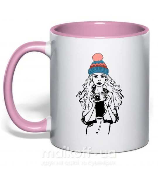 Чашка з кольоровою ручкою Girl photo Ніжно рожевий фото