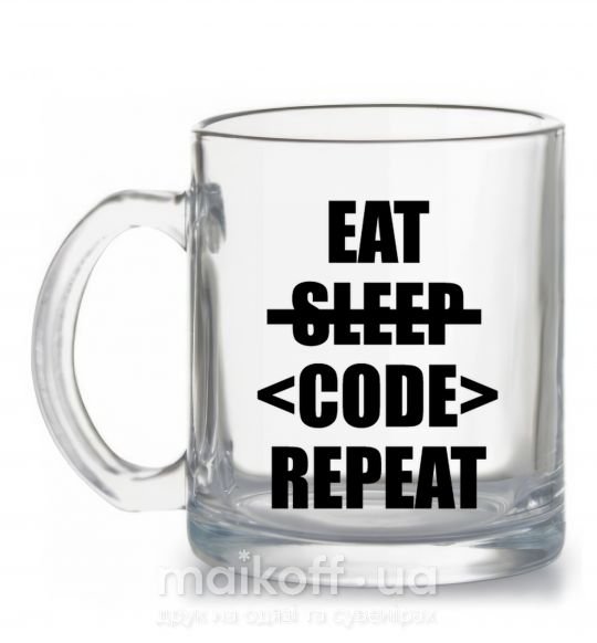 Чашка скляна Eat code repeat Прозорий фото
