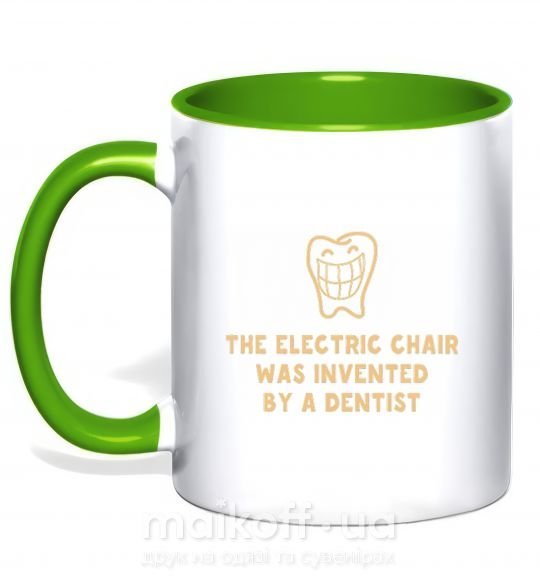 Чашка з кольоровою ручкою The electric chair was invented by a dentist Зелений фото
