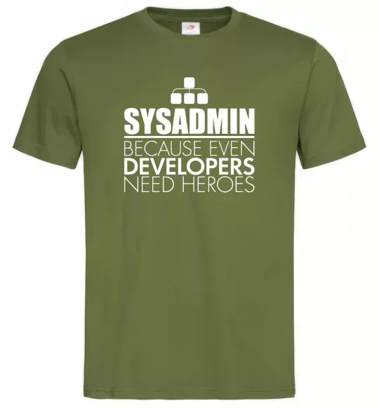 Чоловіча футболка Sysadmin because even developers need a hero Оливковий фото