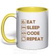 Чашка з кольоровою ручкою Eat sleep code repeat icons Сонячно жовтий фото