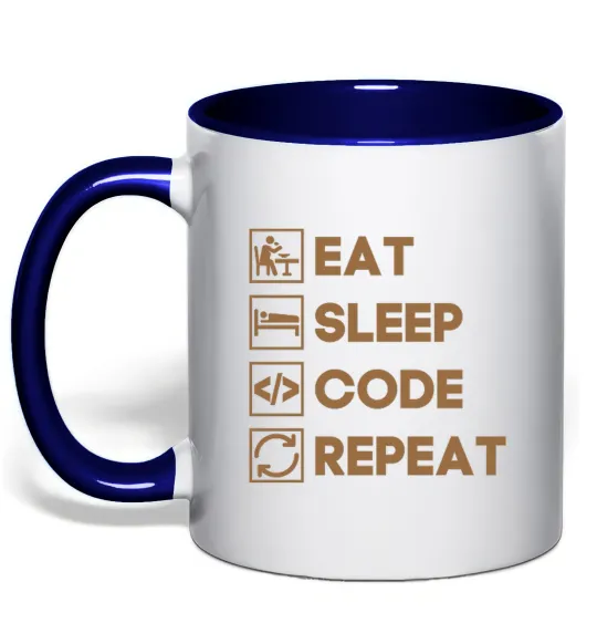 Чашка с цветной ручкой Eat sleep code repeat icons Глубокий темно-синий фото