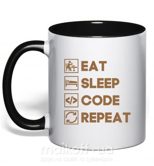 Чашка з кольоровою ручкою Eat sleep code repeat icons Чорний фото