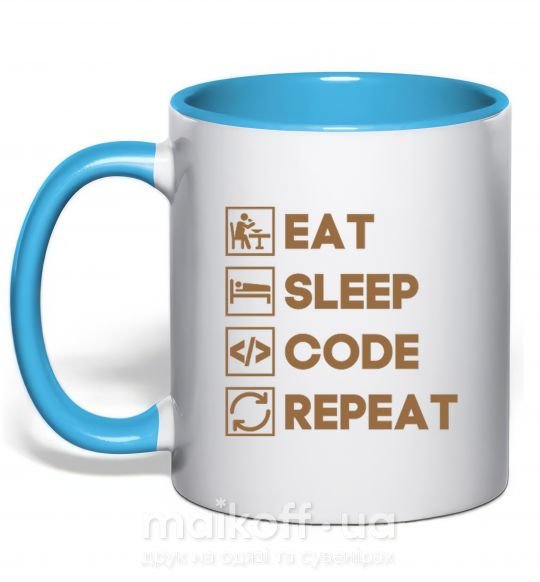 Чашка с цветной ручкой Eat sleep code repeat icons Голубой фото