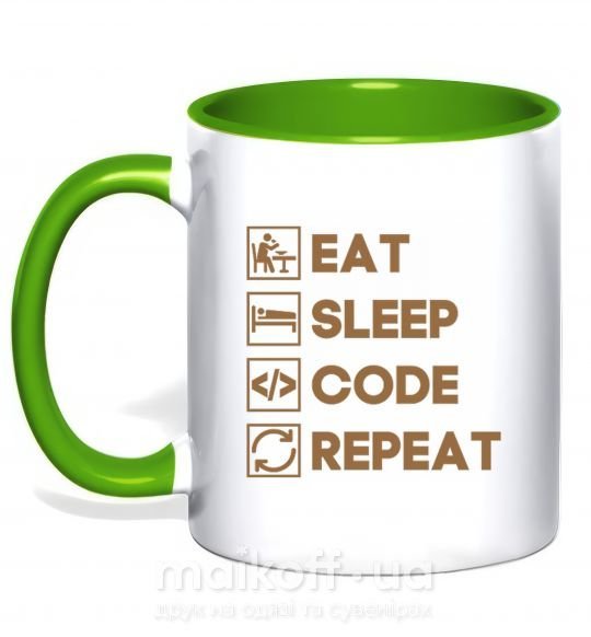 Чашка з кольоровою ручкою Eat sleep code repeat icons Зелений фото