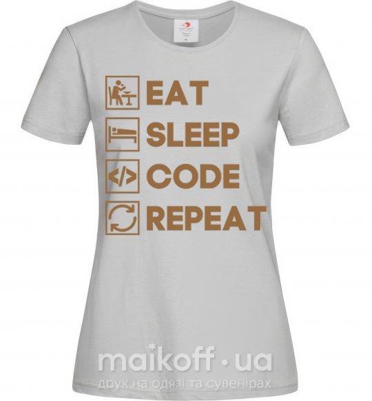 Женская футболка Eat sleep code repeat icons Серый фото