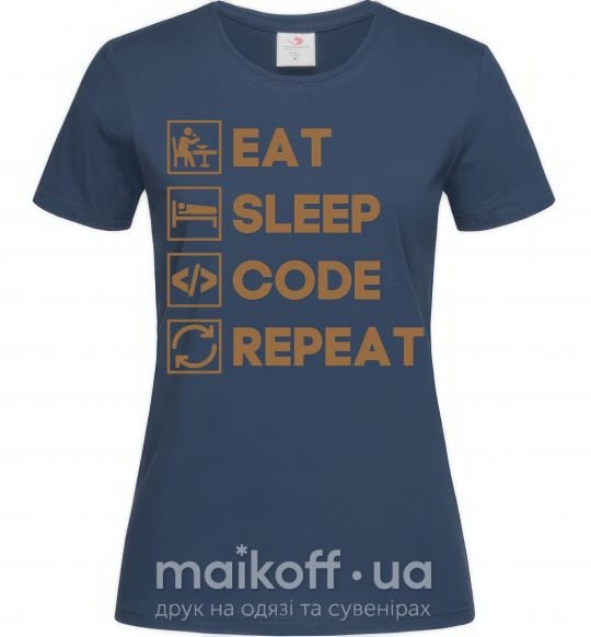 Жіноча футболка Eat sleep code repeat icons Темно-синій фото
