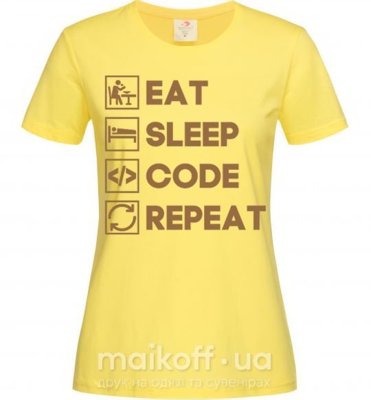 Женская футболка Eat sleep code repeat icons Лимонный фото