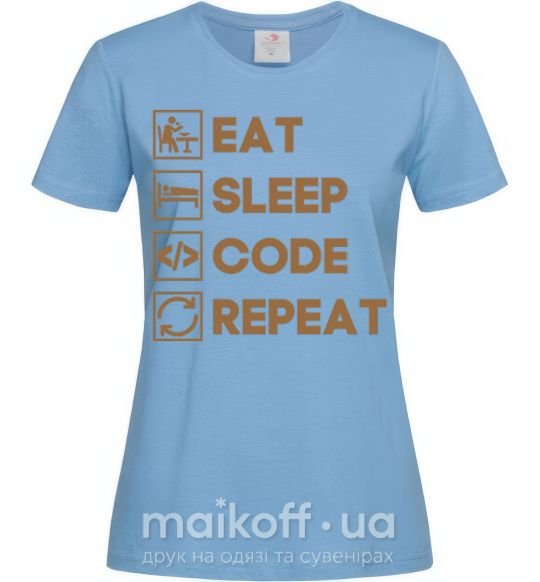 Жіноча футболка Eat sleep code repeat icons Блакитний фото