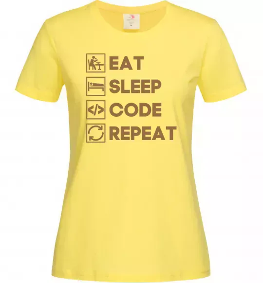 Женская футболка Eat sleep code repeat icons Лимонный фото