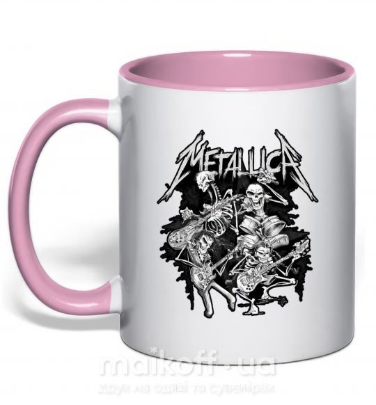 Чашка с цветной ручкой Metallika band of skeletons Нежно розовый фото